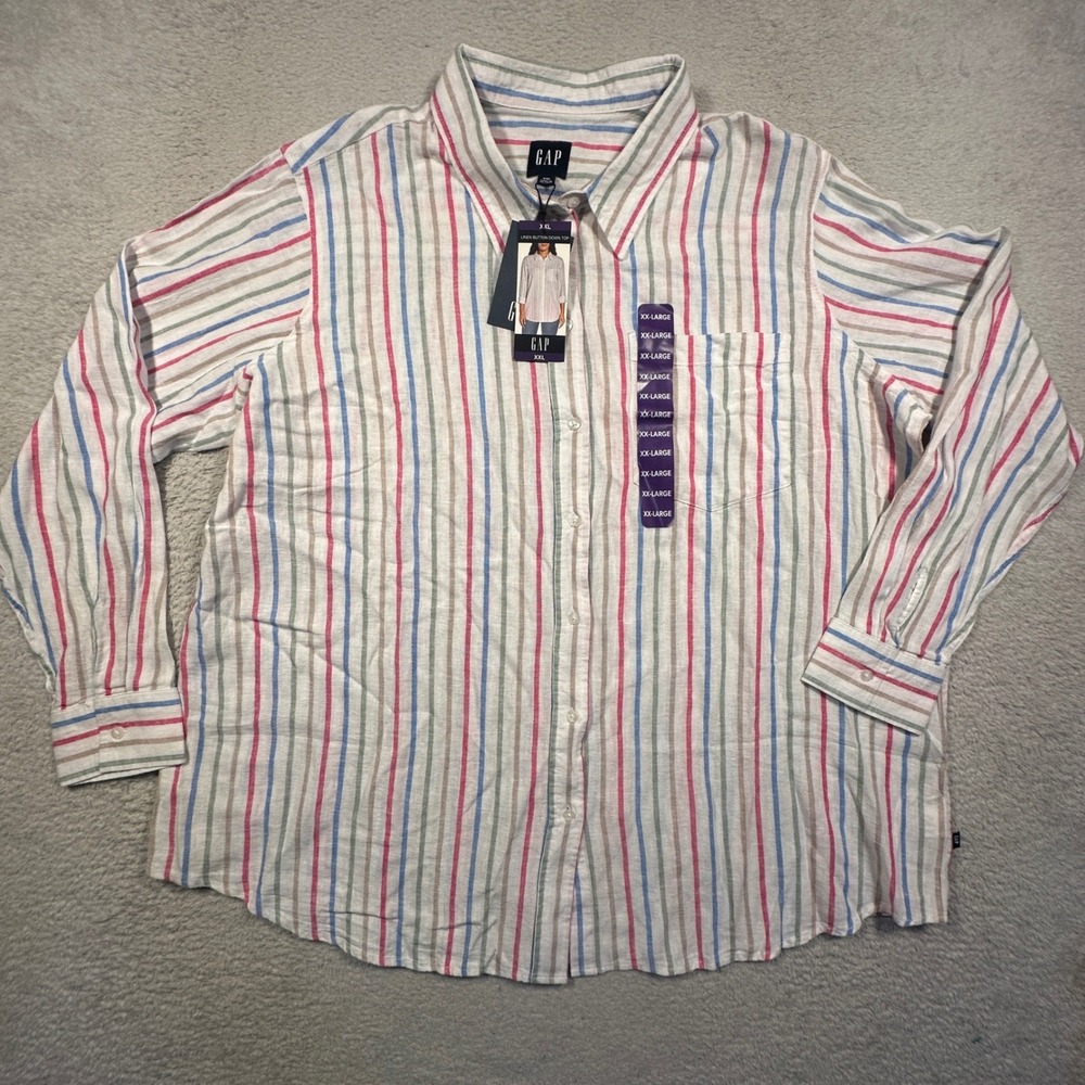 GAP Button Down Shirt Womens XXL White Striped Linen Rayon Long Sleeve NWT